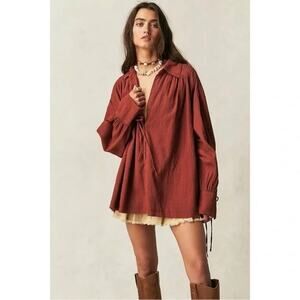 Free People We The Free Saltwater Boho Button Up Shirt Burnt Henna - Size XS